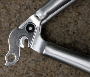 (Vertical) rear dropout, with mounted (replaceable) derailleur hanger.