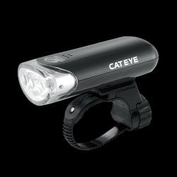 CatEye HL-EL135. Front light run on two AA batteries. For being seen - doesn't light the road very well. Works fine in rain and bad weather.