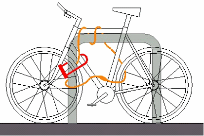 Extra cable is looped along the top tube to make cutting harder. Front wheel and the frame are locked to the post with a U-lock, while the rear wheel is locked with the cable.