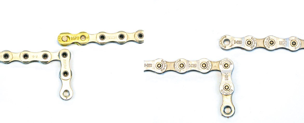One pair of links (one inch) left extra. Left is a chain with a quick release, while right is a standard chain.