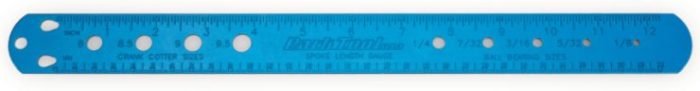 Park Tool SBC-1 - ruler with cm and inch marks. Has holes for measurement of bearing ball diameters most commonly used for bicycles.