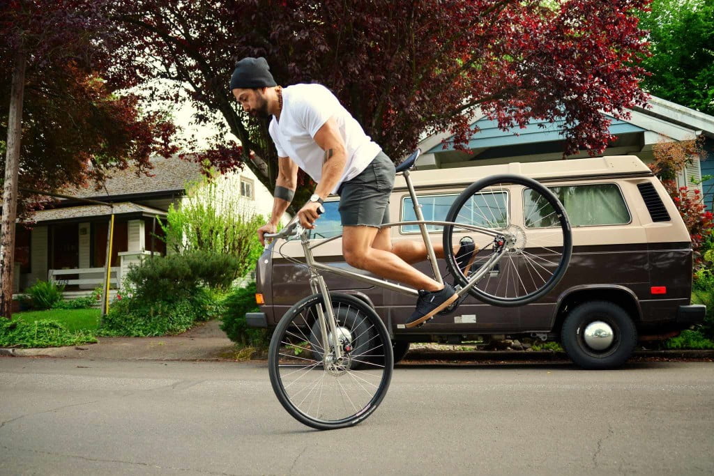 "Stoppie". Body is deliberately moved forward (saddle is behind the rider). Front brake is jerked, not squeezed.