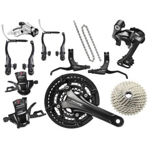 A complete MTB groupset. Front and rear derailleurs, shifters, brake levers, V-brake callipers, crankset, sprockets and chain.
