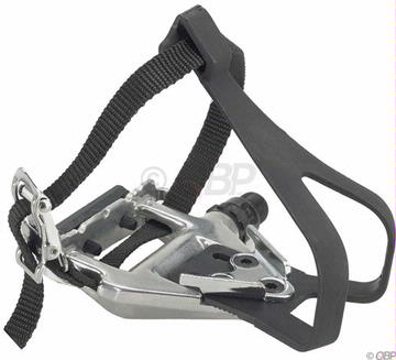 Road bike pedals with straps.