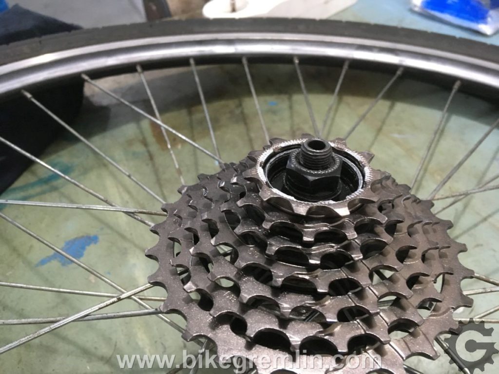7 speed cassette on an 8 speed freehub with spacers of optimal width ("height") added. The last sprocket sits deep enough to be securely attached, but still high enough to be able to lock and press the whole cassette in place.
