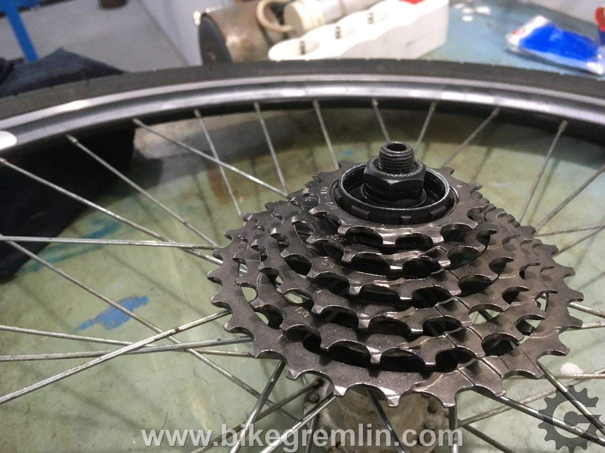 A 7 speed cassette mounted on an 8 speed freehub with added spacers of optimal width (thickness). There is enough room for the last (locking) sprocket to be placed on the freehub splines.