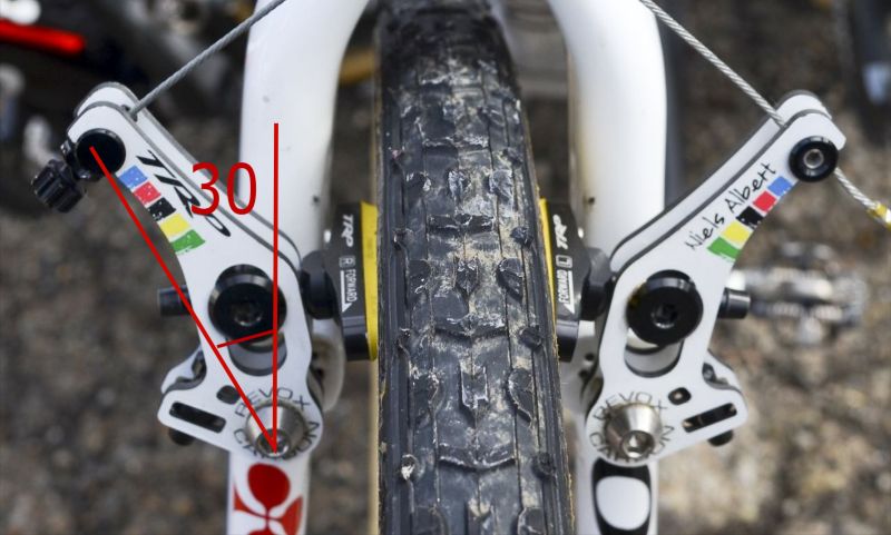 Narrow profile cantilever brakes. Even with maximal pad extension towards the inside (the rim), they can hardly be adjusted with a caliper angle over 45 degrees.