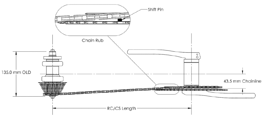 If front chainline is smaller than the rear chainline, chain on smaller chainring will rub the big chainring, even when not crossed too much.