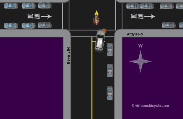 Safe pass through the intersection. The driver understood the cyclist was going straight and that they can turn right behind the cyclist