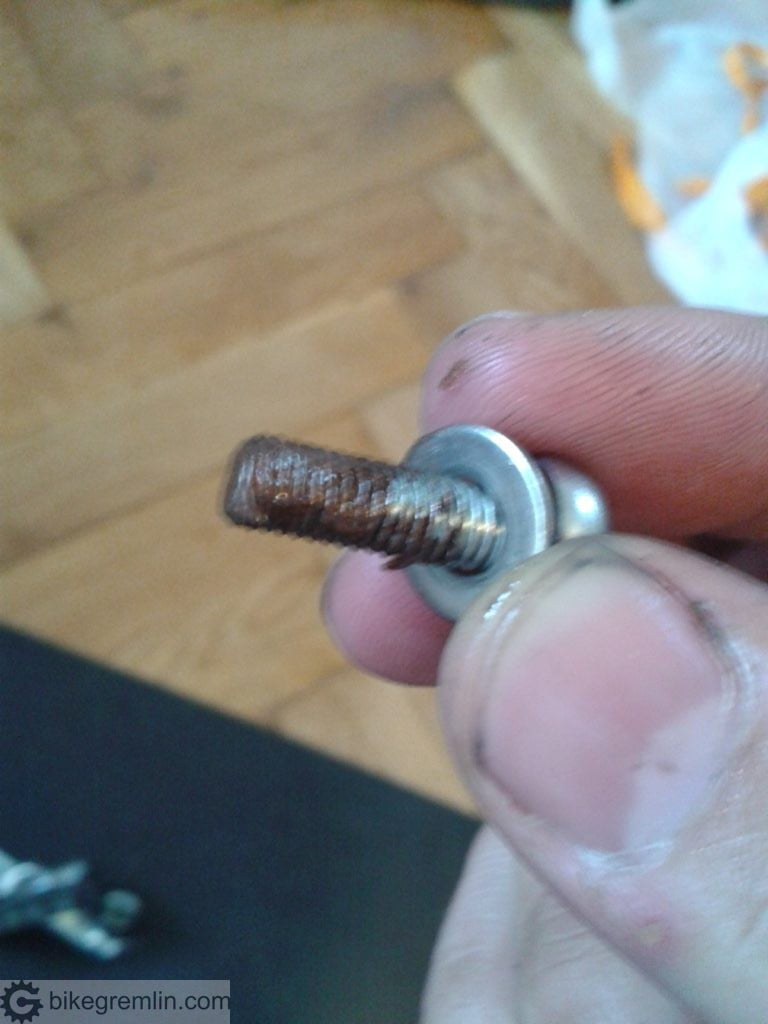 Brake bolt coated with copper mounting paste ("copper grease")