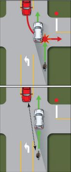 Top picture - bicycle is hidden behind the vehicle in front. Bottom picture - bicycle is visible