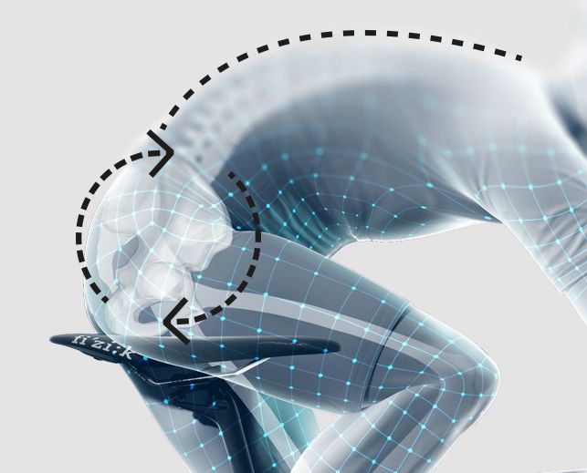 Picture 3. Seating position of a flexible rider when bent forward - the pelvis is tilted so that the sit bones are placed on the saddle as if the rider were riding almost upright. Source: www.fizik.com