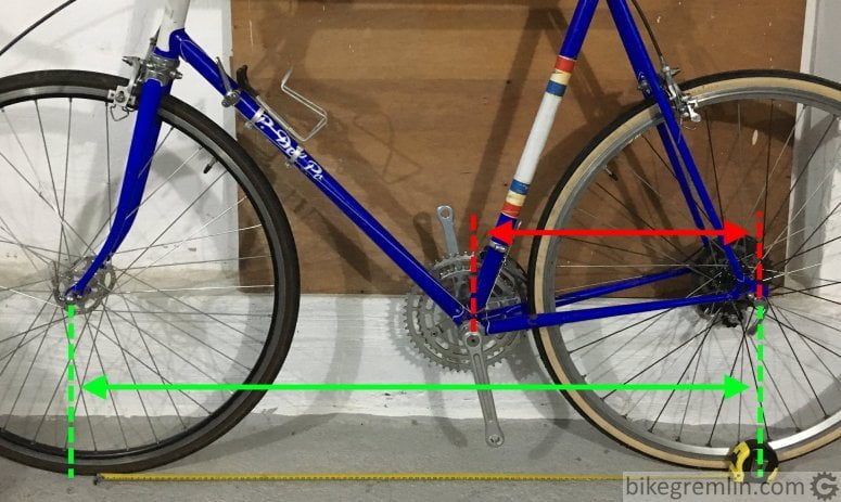 Wheelbase (green mark) and chainstay length (red mark)