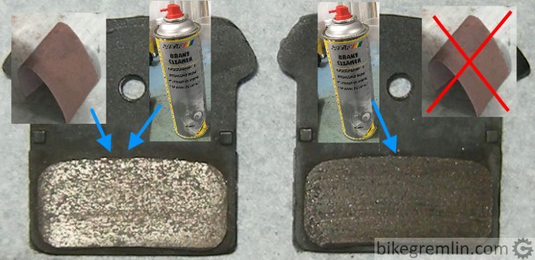 Sintered brake pads before (right) and after sanding (left).