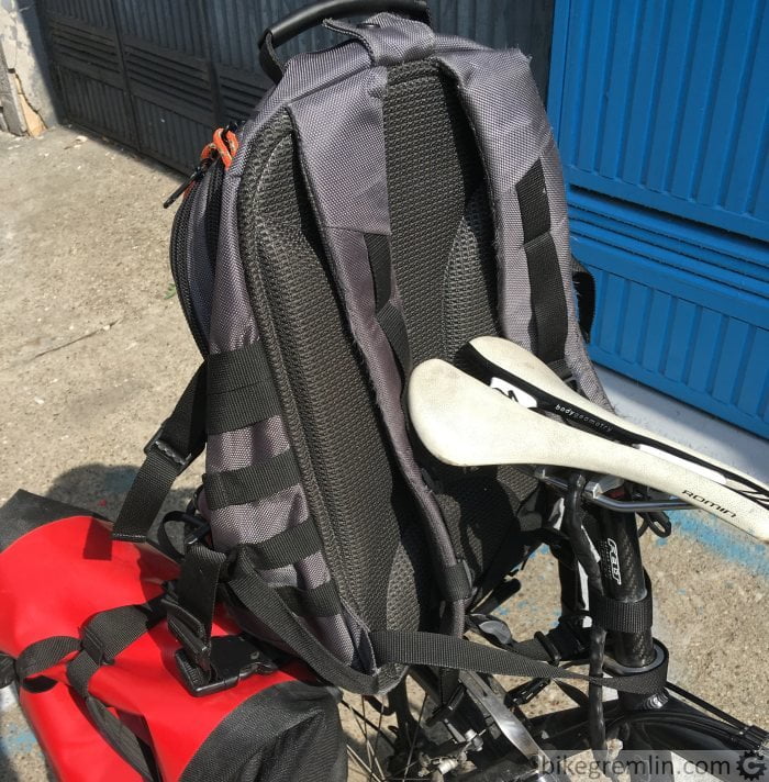 backpack on rear bike rack