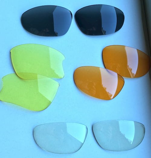 Different types and colours of cycling sunglasses lenses
