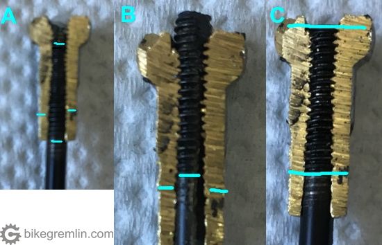 How it looks when a chosen spoke length is too short (A), too long (B), and optimal (C)