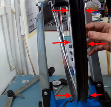 Lateral trueness - how much does the rim move left-right compared to a stationary reference point