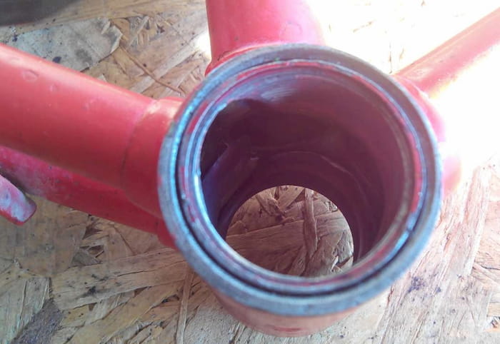 British standard threaded bottom bracket shell, knocked into a Thompson bottom bracket frame