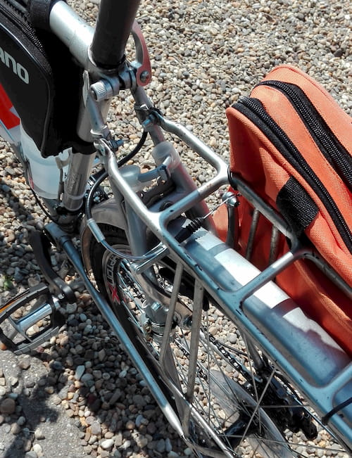 Rear V-brake mounted using clamps, just like the rear rack - a DIY solution