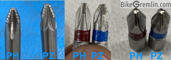 Differences in the tips of Phillips (PH) vs Pozidriv (PZ) screwdrivers