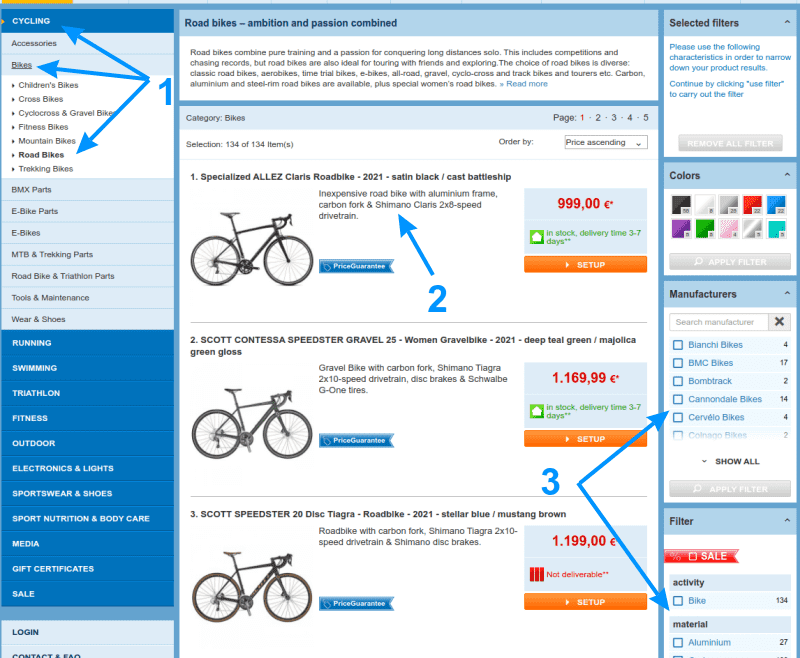 Bike24 road bicycle search - logical structure (1), good product descriptions (2), and powerful filters (3)