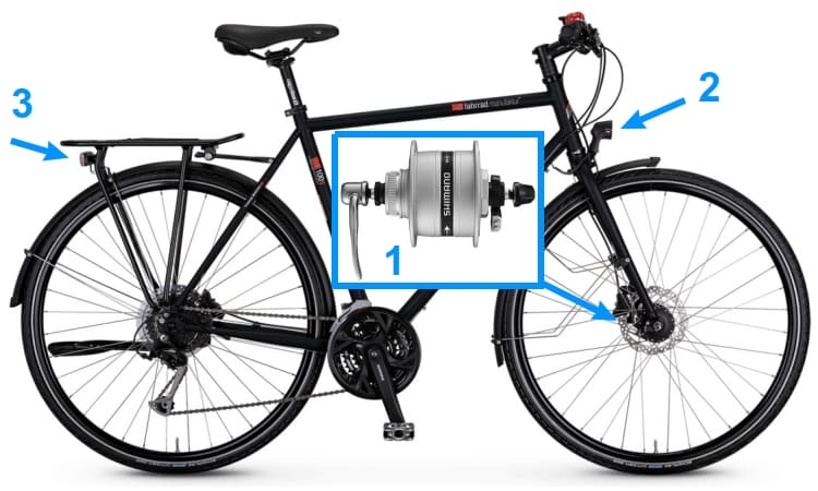 A trekking bicycle with a dynamo hub (1), and lights (2 and 3)