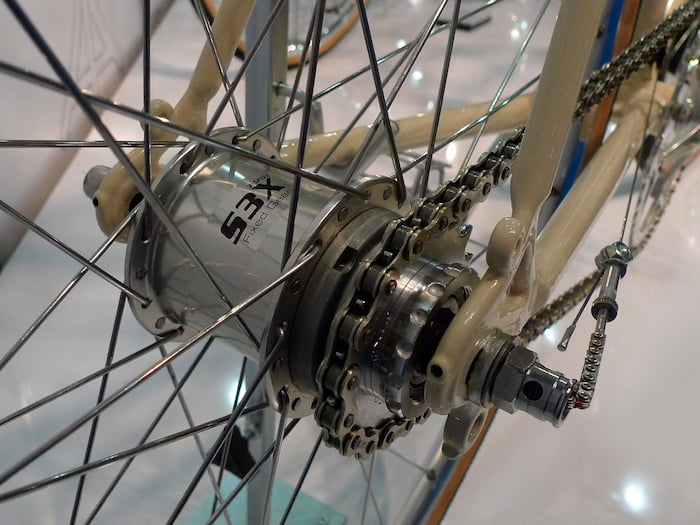 Geared hub. A thin chain comes out of the hub, pulled by a cable. It is used to change gears.