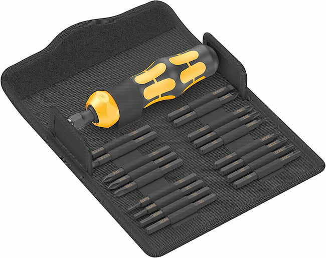 Wera Kraftform Kompakt 900 impact screwdriver with a set of bits (including the JIS-compatible cross-tip bits)