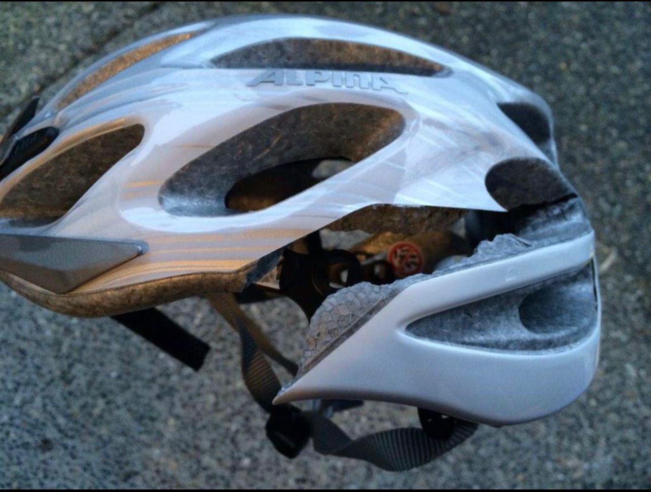 Cracked bicycle helmet without compressed styrofoam - this one could not have absorbed much kinetic energy!